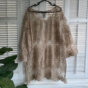 NWT Catherines Blouse Womens 3X Beige Crochet Lace Trim 3/4 Sleeve Sheer Boho